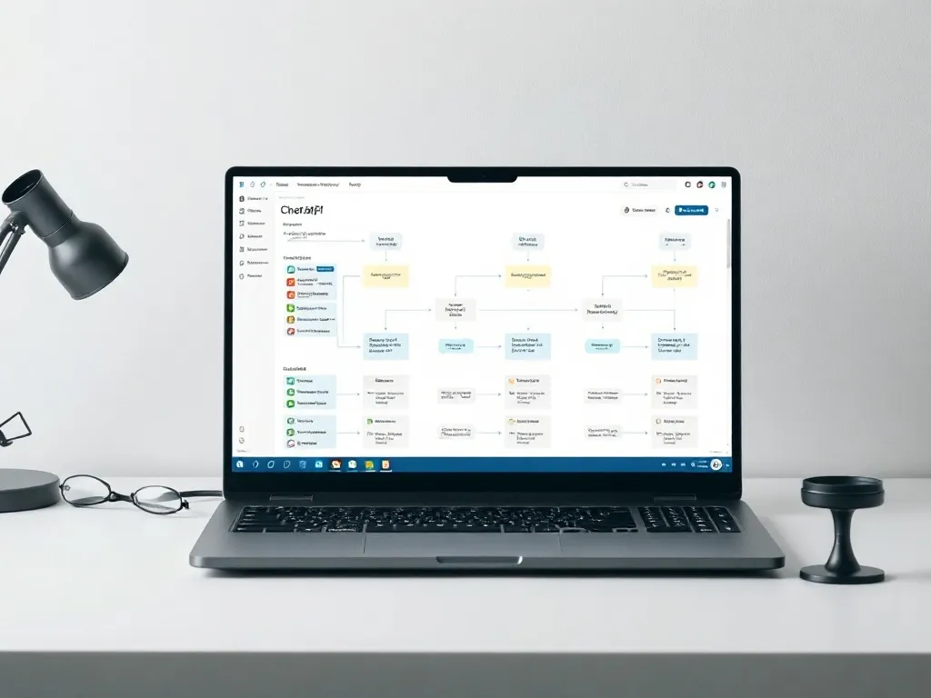 Clean minimalist workspace with a high-end laptop showing da