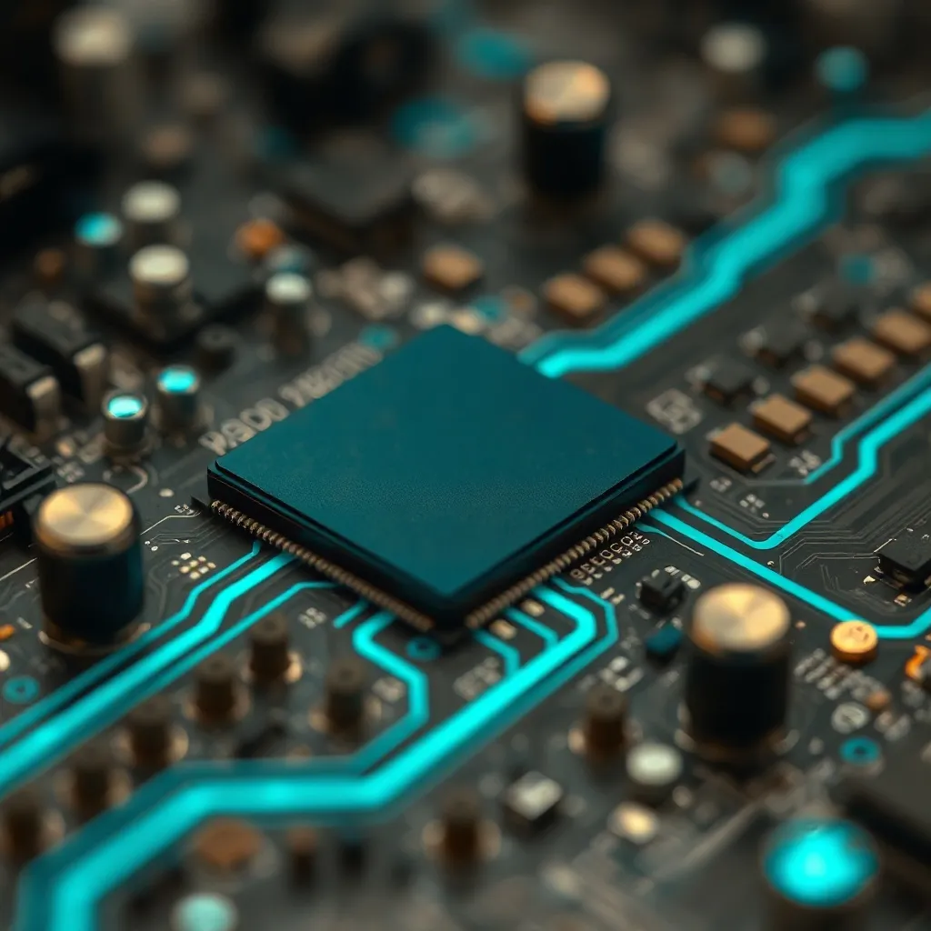 Macro photography of a computer circuit board with glowing c