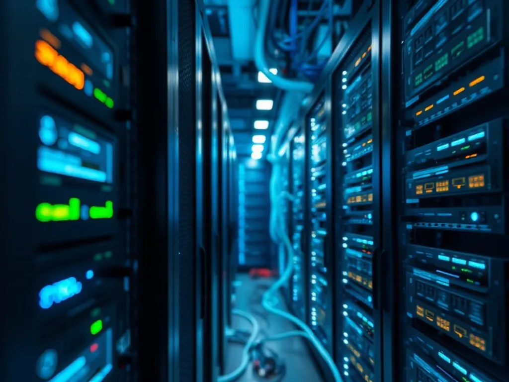 Close-up of server rack lights and cables, futuristic cyan a
