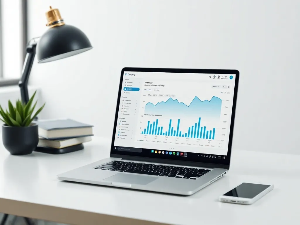 A professional clean office desk with a laptop showing data